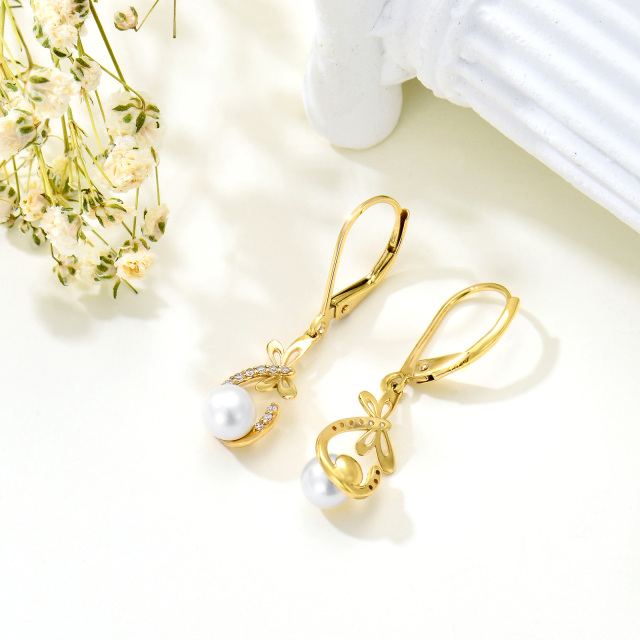 Pendientes colgantes de perlas de libélula de oro de 14 quilates con joyas de circón-2