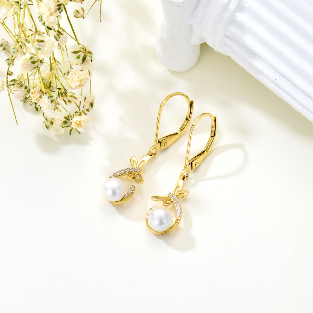14K Gold Dragonfly Pearl Dangle Leverback Earrings With Zircon Jewelry-1