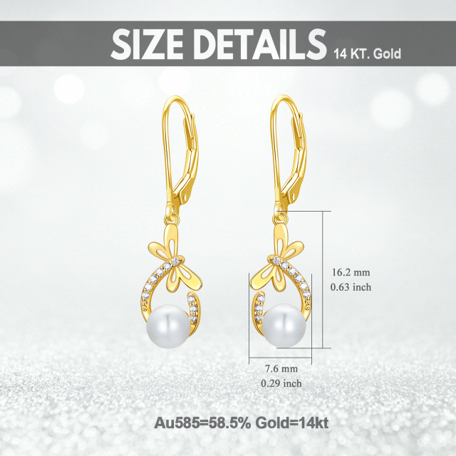 14K Gold Dragonfly Pearl Dangle Leverback Earrings With Zircon Jewelry-4