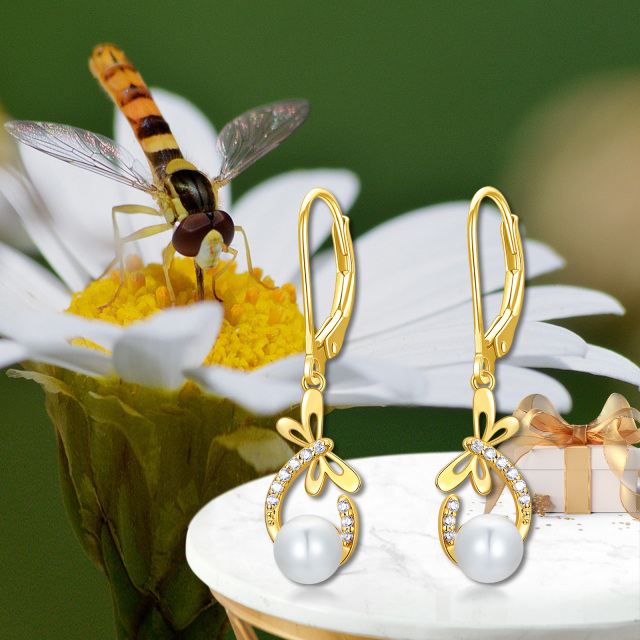 14K Gold Dragonfly Pearl Dangle Leverback Earrings With Zircon Jewelry-5