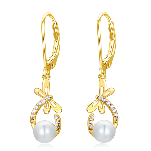 14K Gold Dragonfly Pearl Dangle Leverback Earrings With Zircon Jewelry-0