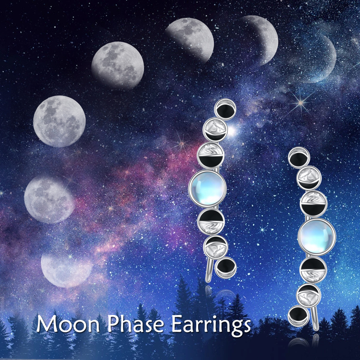 Sterling Silver Circular Shaped Moonstone Moon Climber Earrings-6