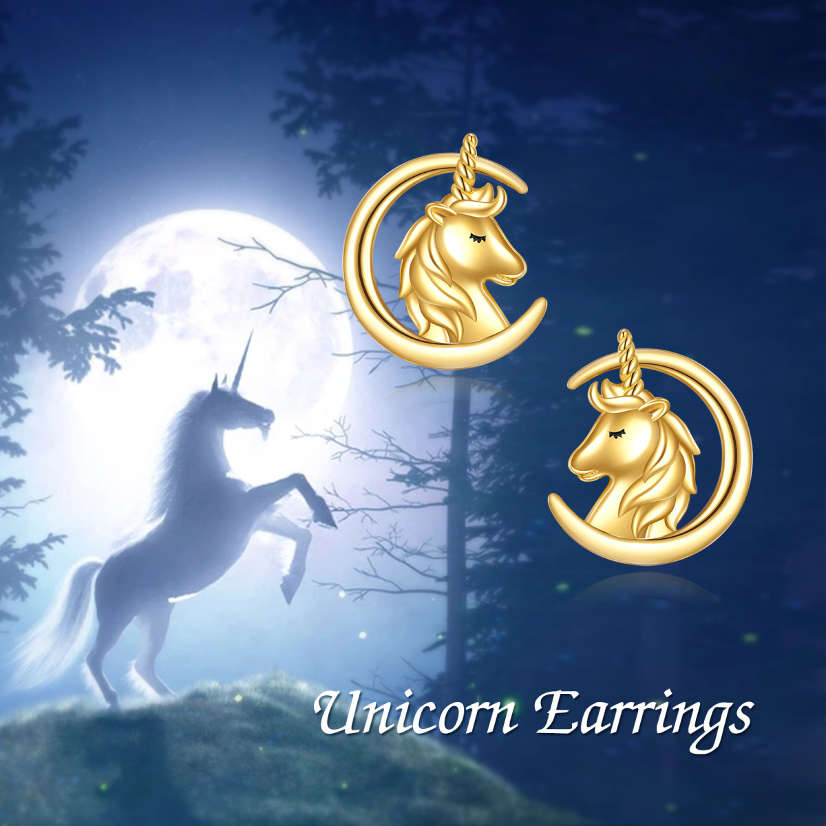 14K Gold Moon & Unicorn Stud Earrings-5