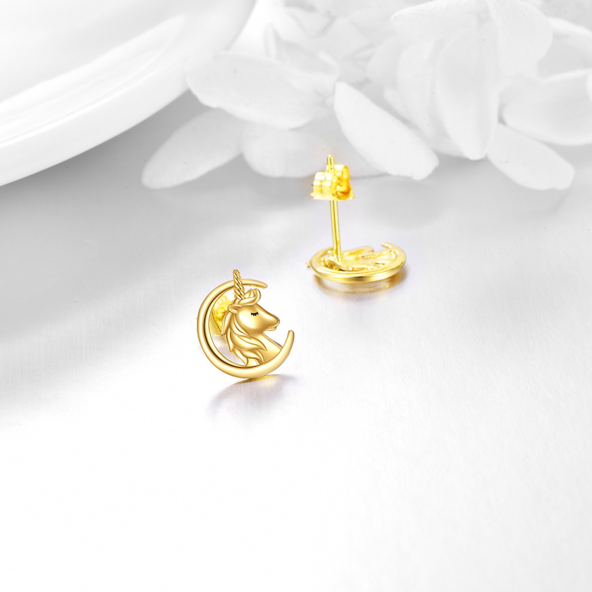 14K Gold Moon & Unicorn Stud Earrings-3