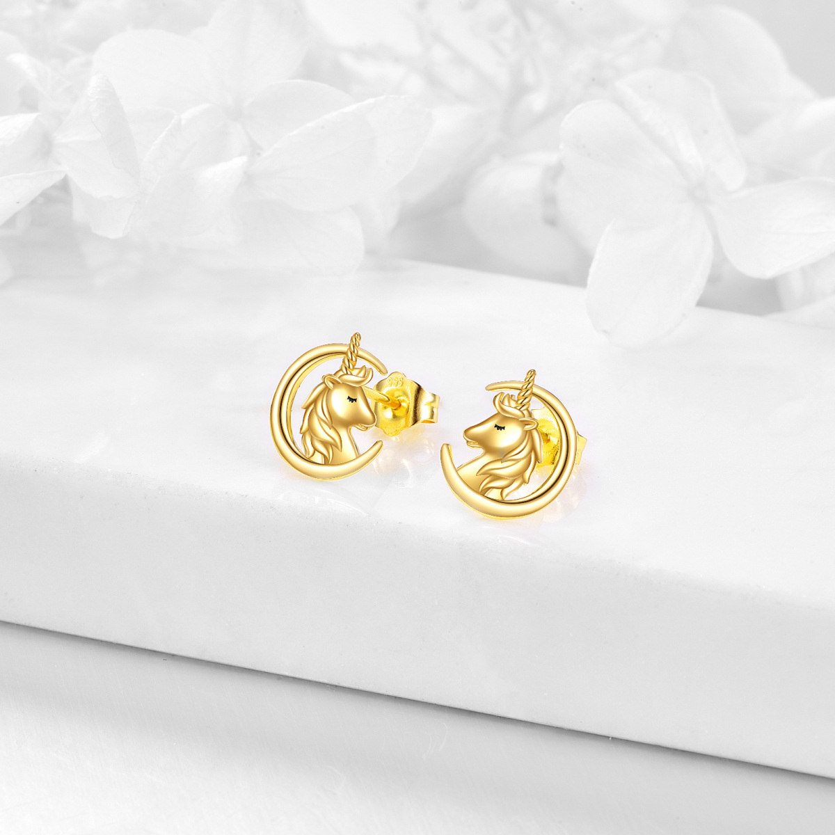 14K Gold Moon & Unicorn Stud Earrings-4