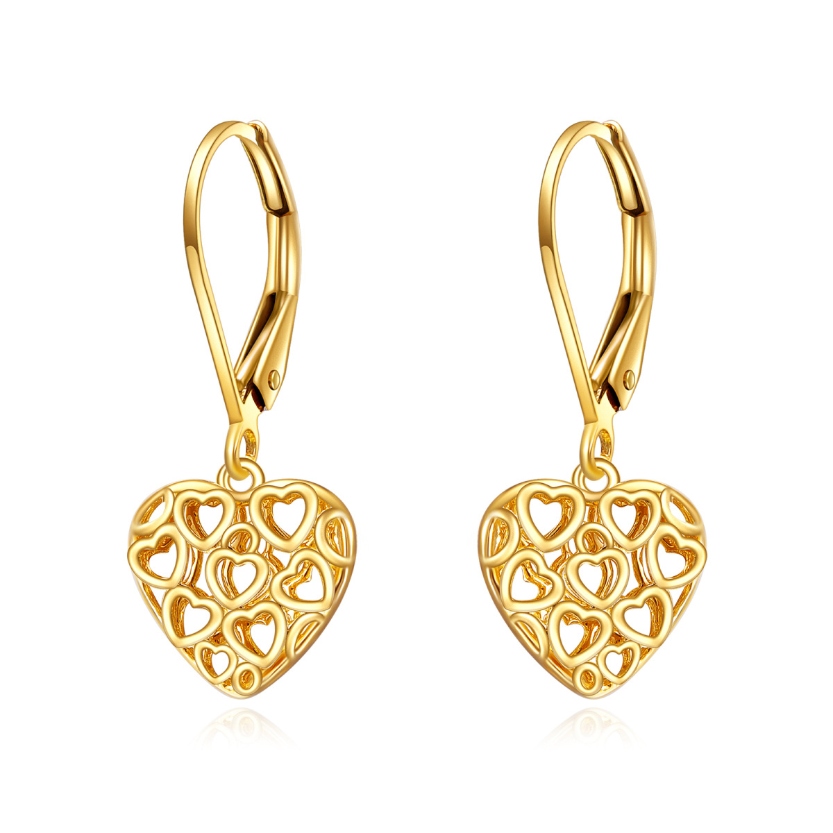 14K Gold Heart With Heart Drop Earrings-1