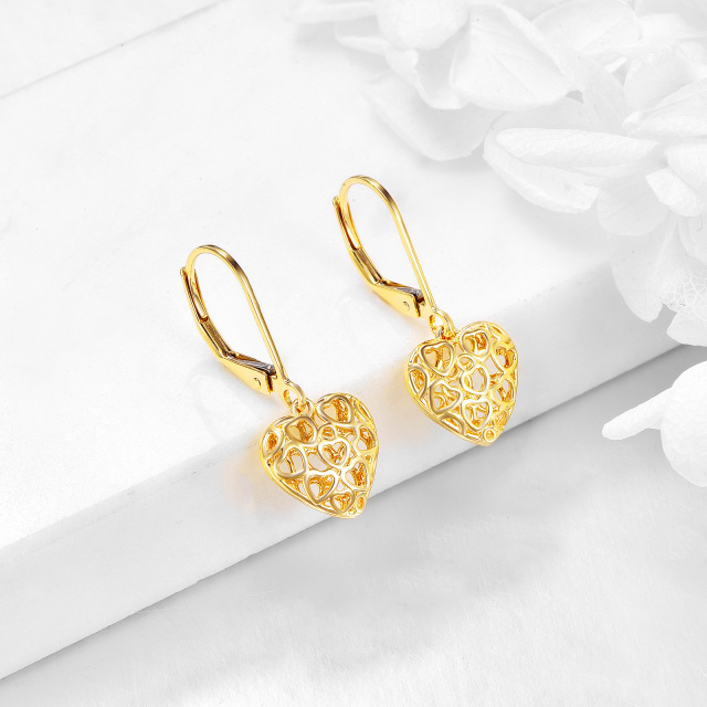 14K Gold Heart With Heart Drop Earrings-2