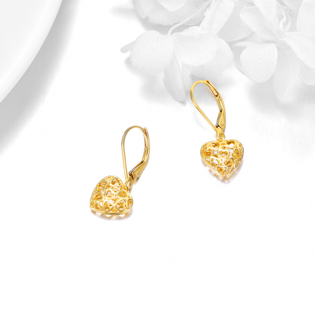 14K Gold Heart With Heart Drop Earrings-3