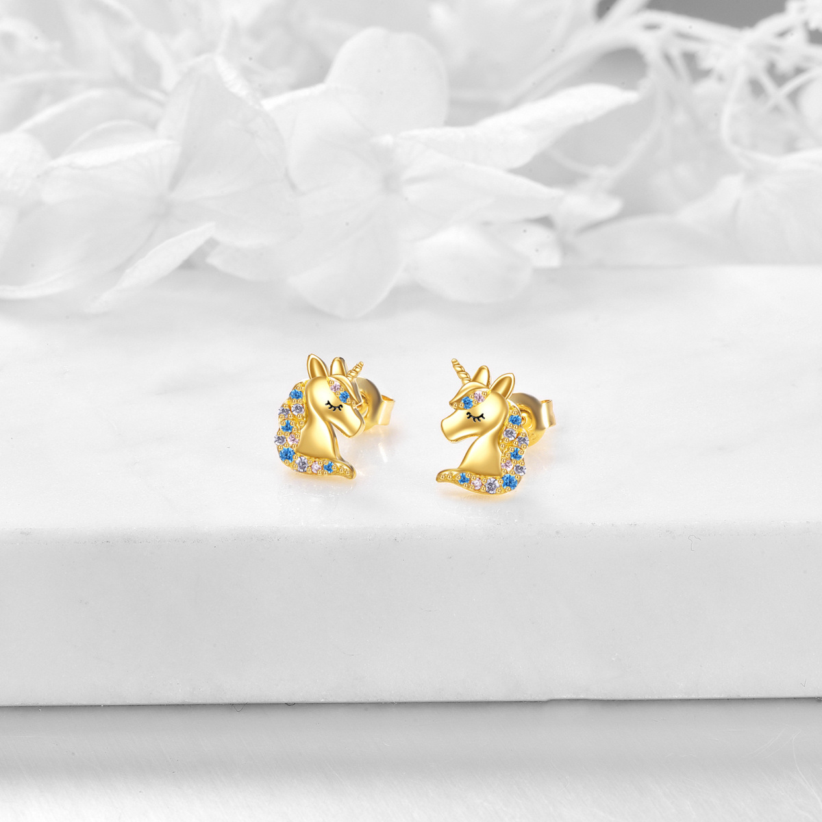 14K Gold Circular Shaped Crystal Unicorn Stud Earrings-3