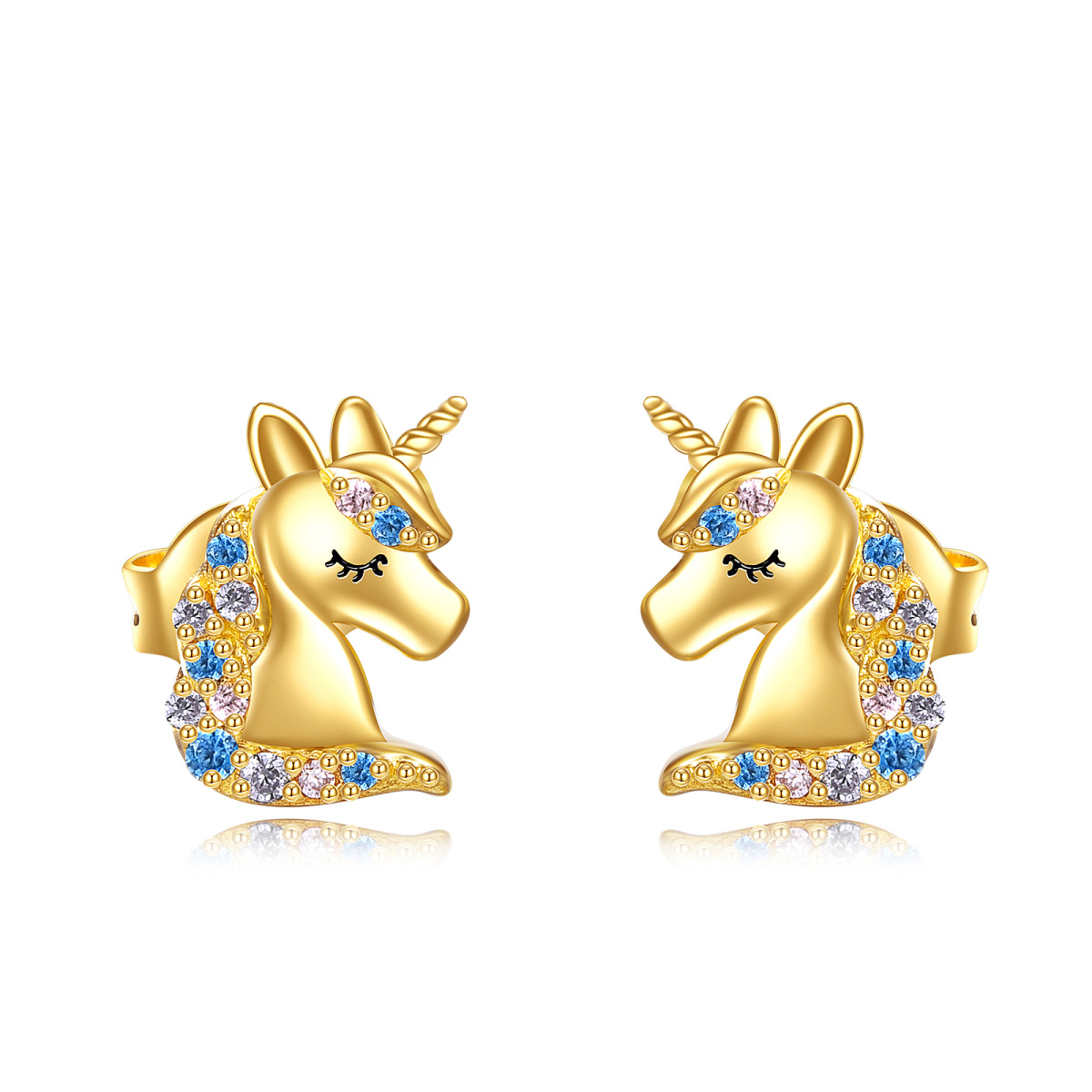 14K Gold Circular Shaped Crystal Unicorn Stud Earrings-1