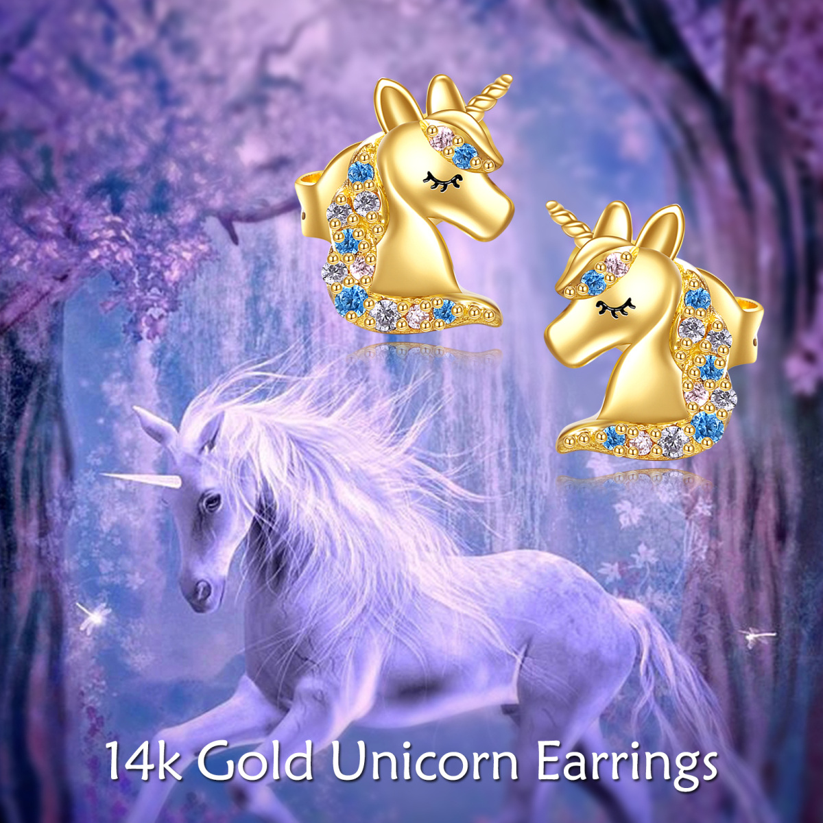 14K Gold Circular Shaped Crystal Unicorn Stud Earrings-6