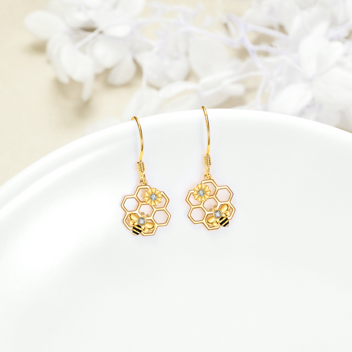 14K Gold Circular Shaped Cubic Zirconia Bee & Sunflower Drop Earrings-3