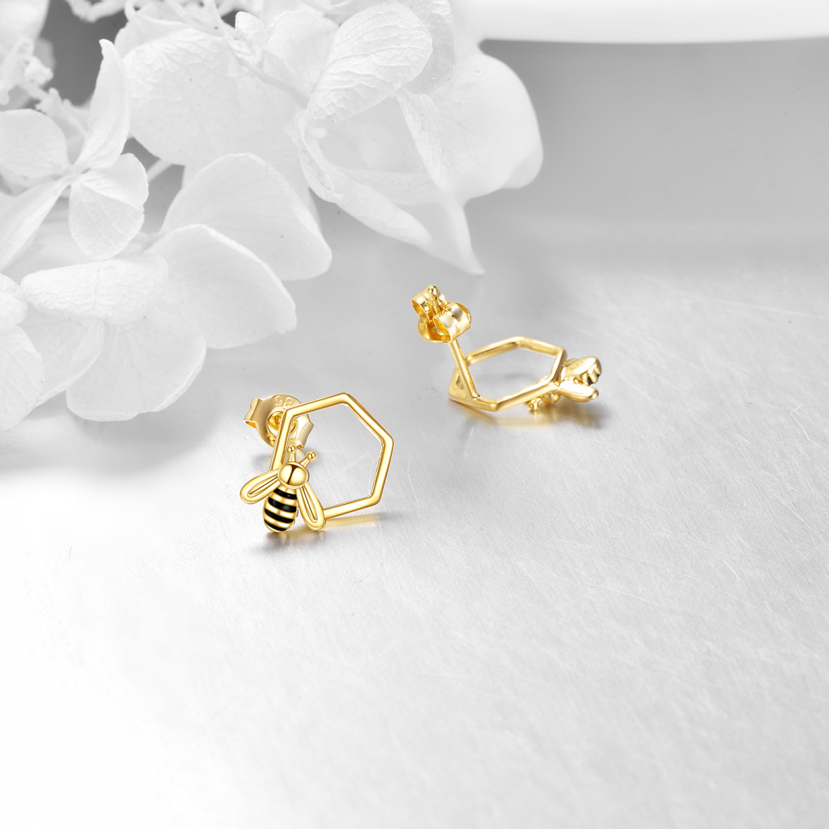 14K Gold Bees Stud Earrings-4