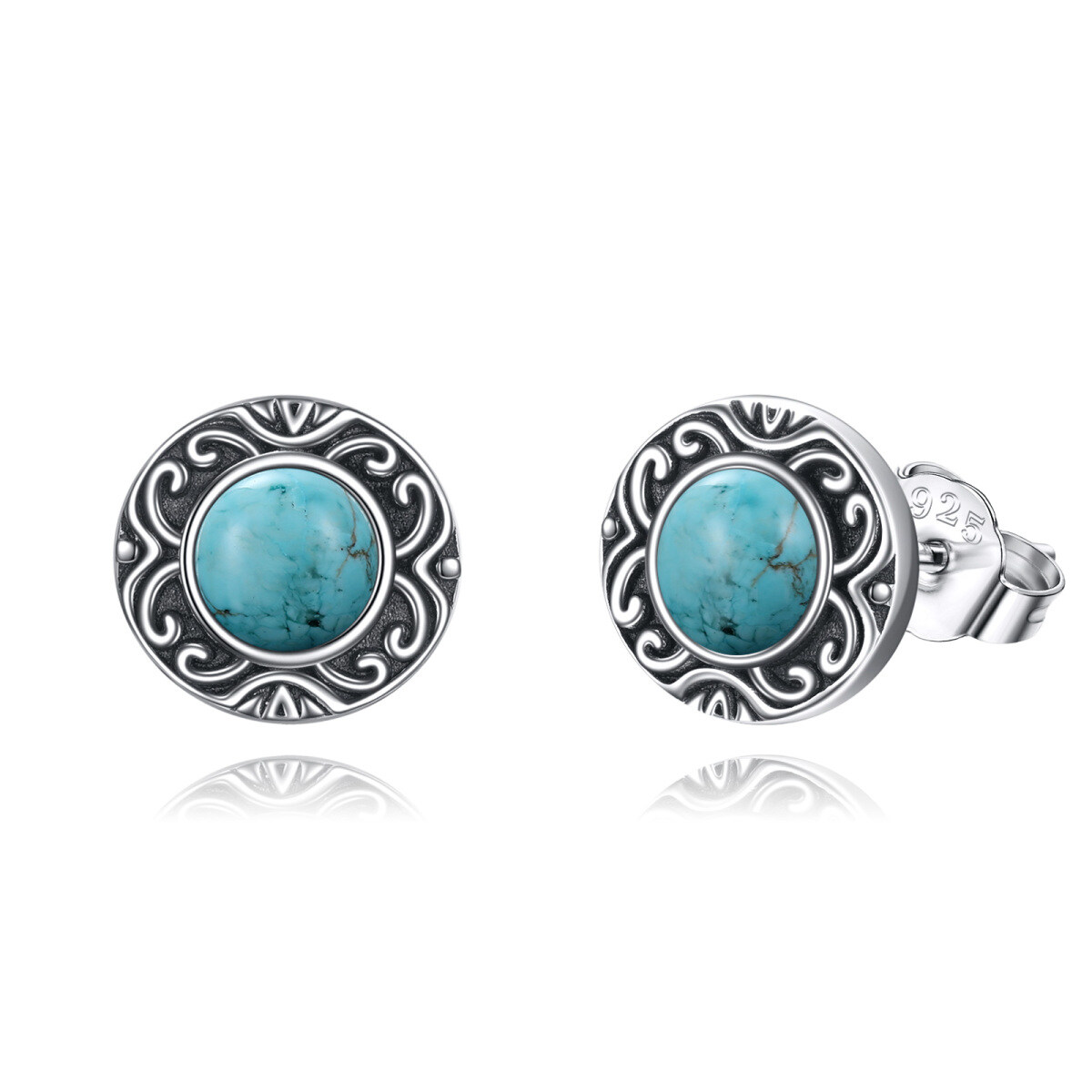 Boucles d'oreilles rondes turquoise de forme circulaire en argent sterling-1