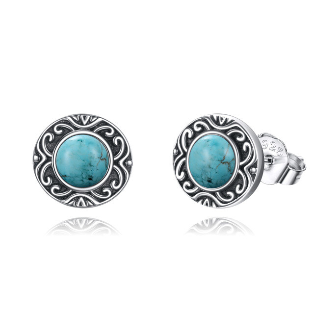 Boucles d'oreilles rondes turquoise de forme circulaire en argent sterling-0