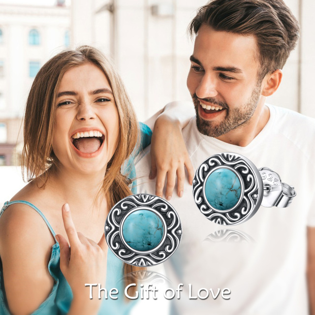 Sterling Silver Circular Shaped Turquoise Round Stud Earrings-5