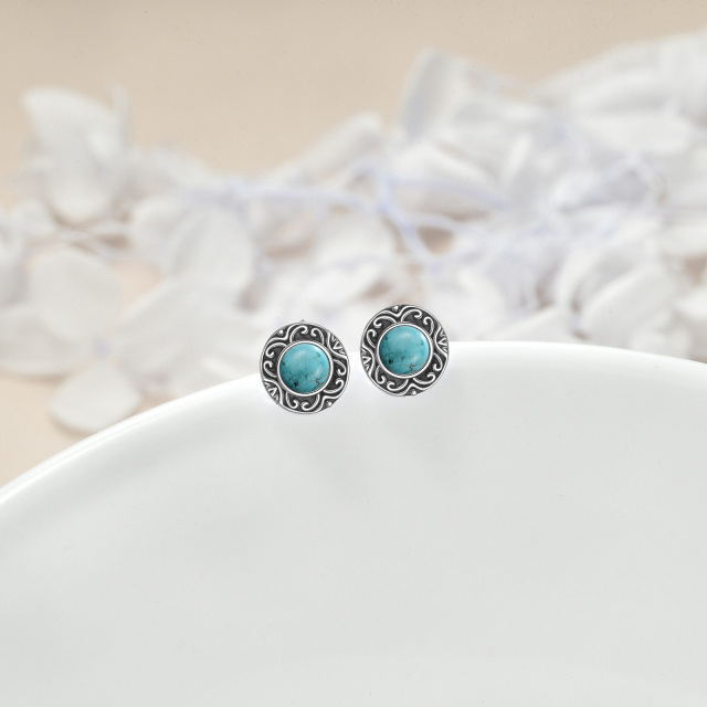 Sterling Silver Circular Shaped Turquoise Round Stud Earrings-3