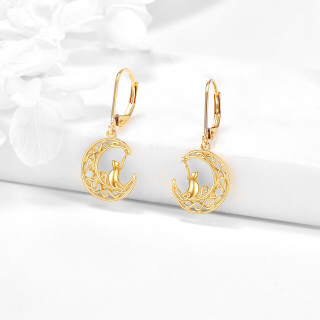 Boucles d'oreilles pendantes chat et lune en or 14K-3