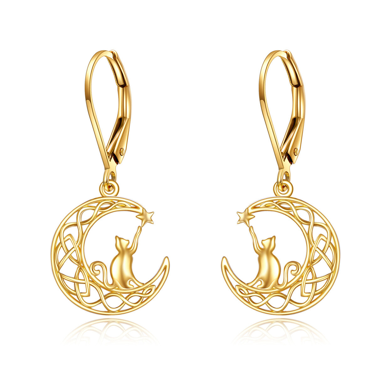 14K Gold Cat & Moon Drop Earrings-1