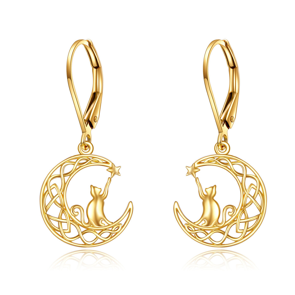 Boucles d'oreilles pendantes chat et lune en or 14K-1