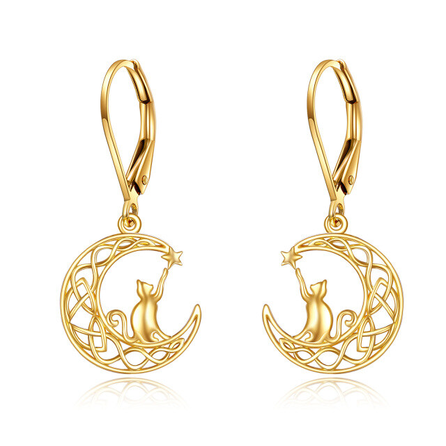 14K Gold Cat & Moon Drop Earrings-0