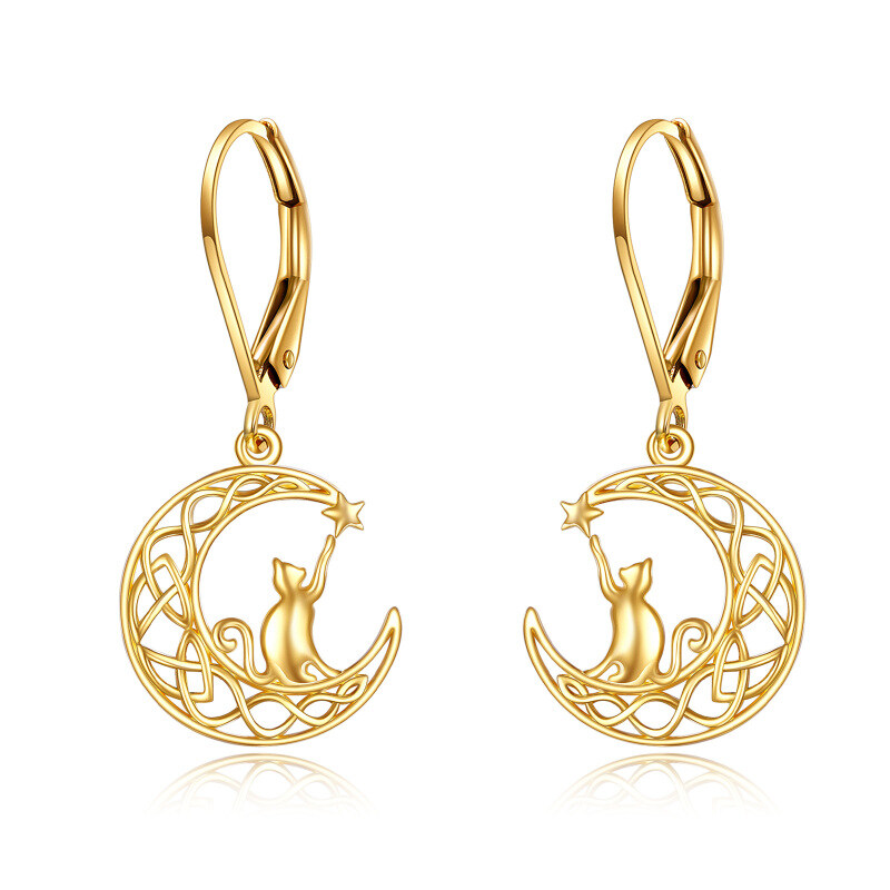 14K Gold Cat & Moon Drop Earrings