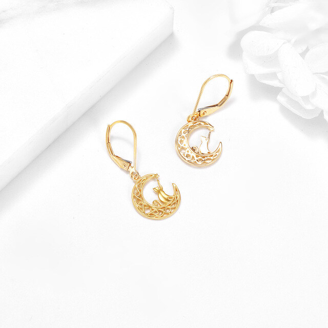 Boucles d'oreilles pendantes chat et lune en or 14K-2