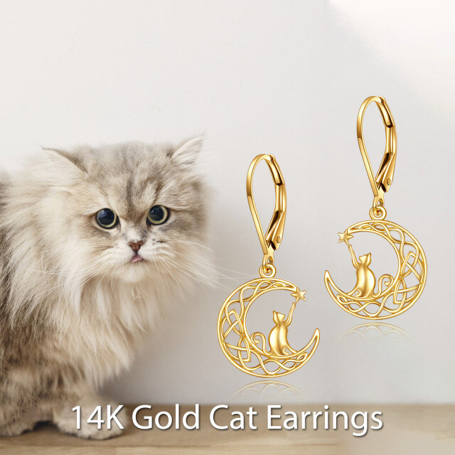 14K Gold Cat & Moon Drop Earrings-4