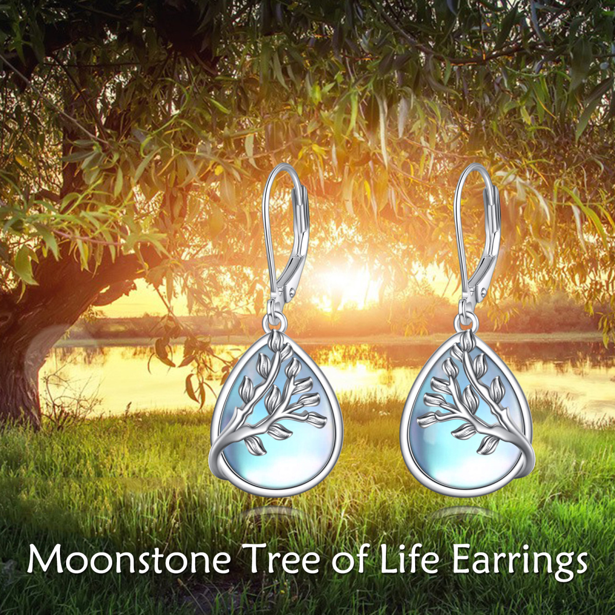 Boucles d'oreilles en Argent Sterling Moonstone Tree Of Life & Drop Shape Lever-back Earri-6