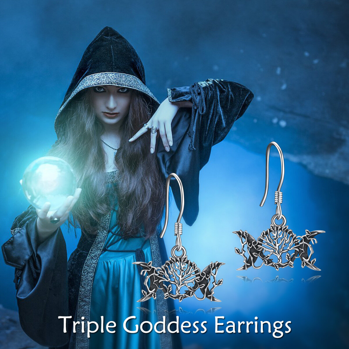 Sterling Silver Tree Of Life & Triple Moon Goddess Drop Earrings-6