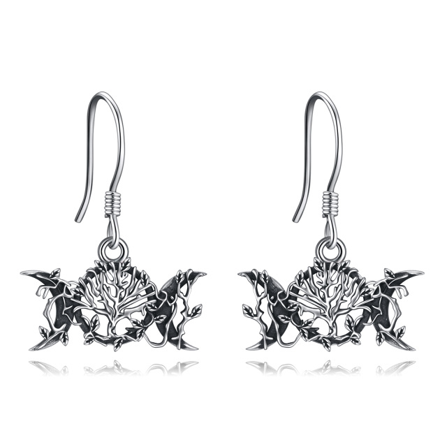 Sterling Silver Tree Of Life & Triple Moon Goddess Drop Earrings-1