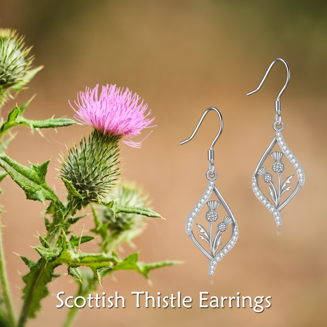Sterling Silver Circular Shaped Cubic Zirconia Scottish Thistle Flower Drop Earrings-6