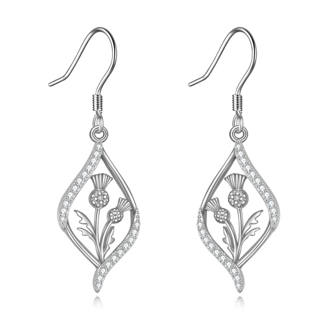 Sterling Silver Circular Shaped Cubic Zirconia Scottish Thistle Flower Drop Earrings-1