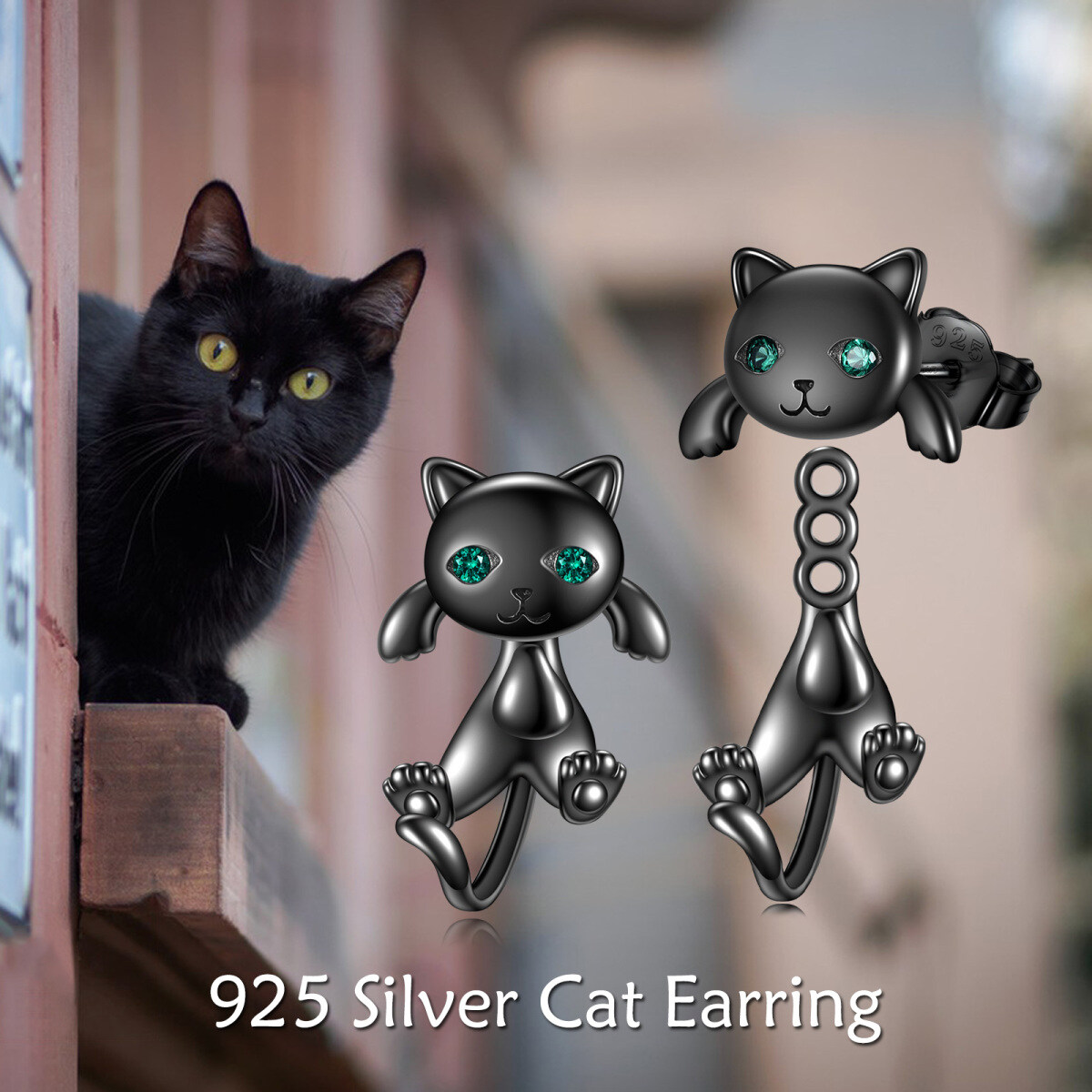 Boucles d'oreilles en argent sterling avec rhodium noir et zircon rond pour veste de chat-6