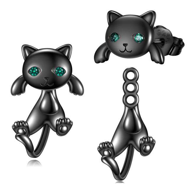 Sterling Silver with Black Rhodium Round Zircon Cat Jacket Earrings-0