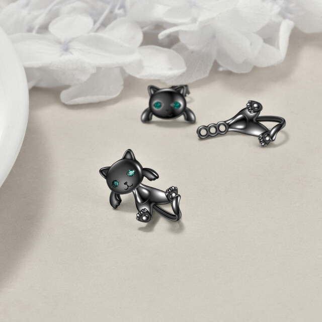 Katzenjacke-Ohrringe aus Sterlingsilber mit runden schwarzen Rhodium-Zirkonen-3