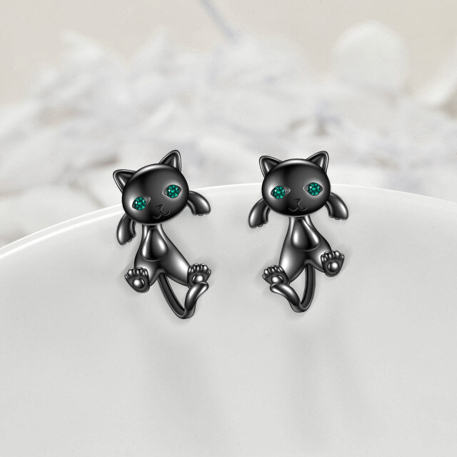Sterling Silver with Black Rhodium Round Zircon Cat Jacket Earrings-2