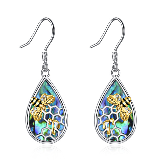 Sterling Silver Two-tone Abalone Shellfish Bee Drop Earrings-4