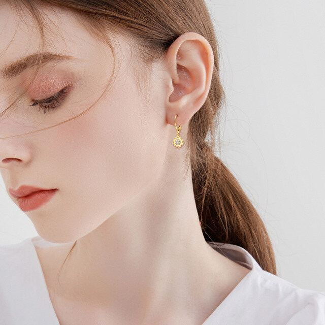 Boucles d'oreilles à levier en or 14K avec zircon cubique en forme de tournesol-2