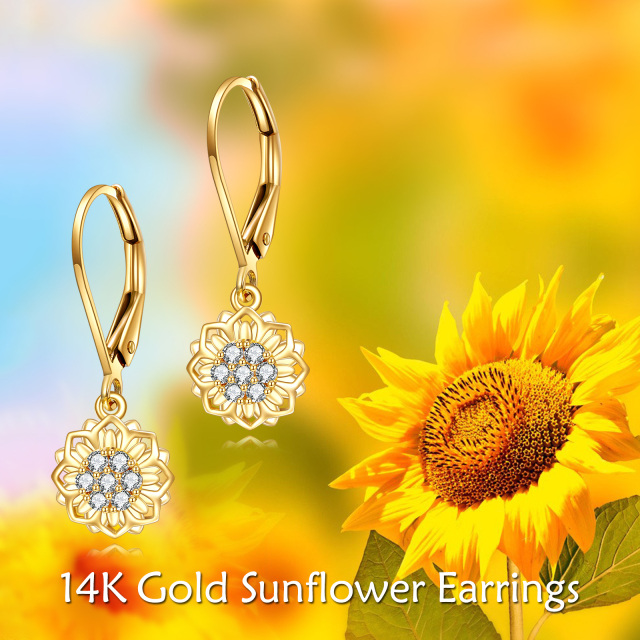 14K Gold Circular Shaped Cubic Zirconia Sunflower Lever-back Earrings-6