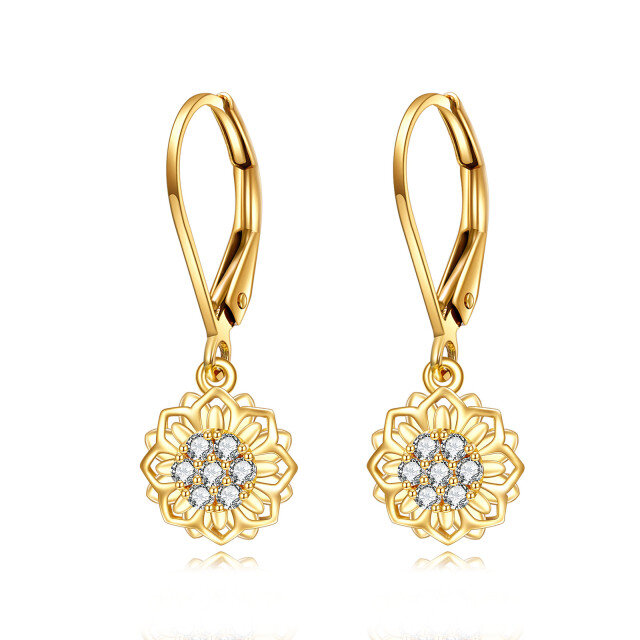 Boucles d'oreilles à levier en or 14K avec zircon cubique en forme de tournesol-1