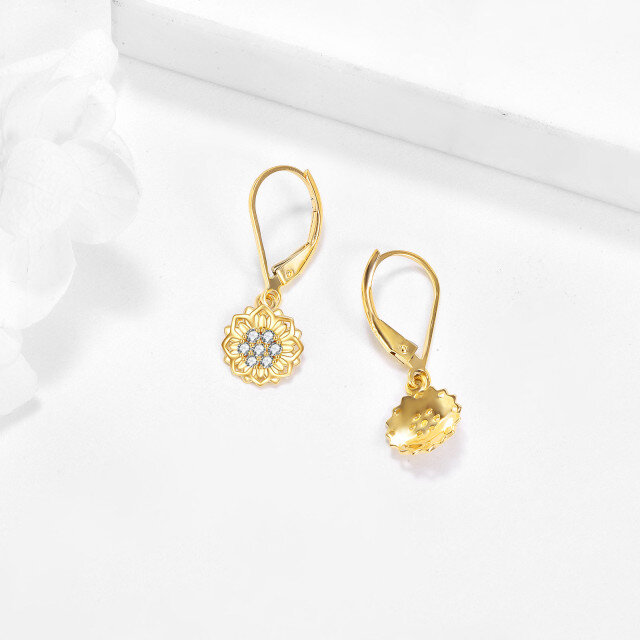 Boucles d'oreilles à levier en or 14K avec zircon cubique en forme de tournesol-4