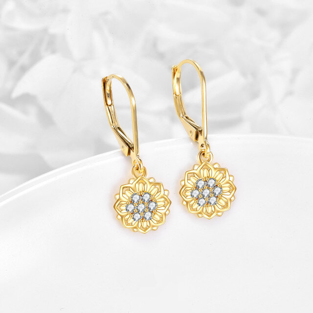 14K Gold Circular Shaped Cubic Zirconia Sunflower Lever-back Earrings-3