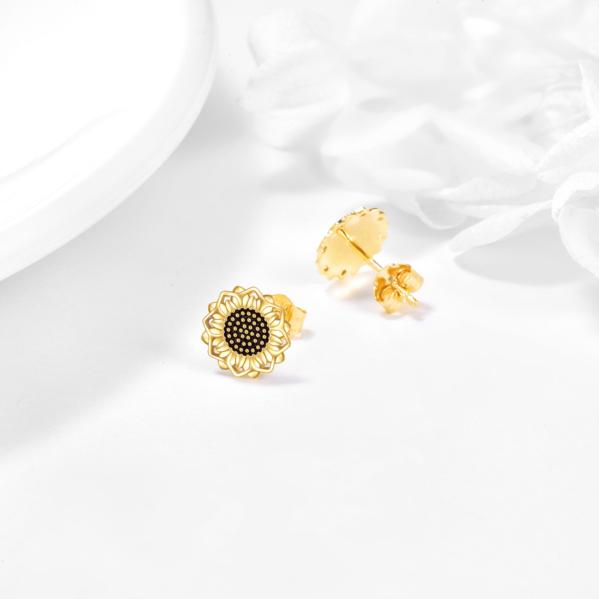 14K Gold Sunflower Stud Earrings-4