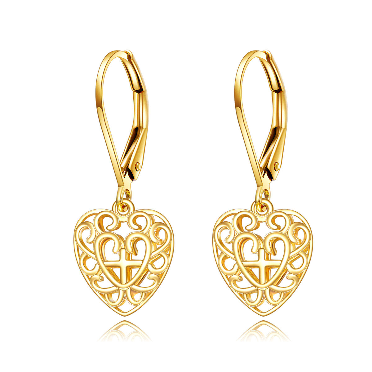 14K Gold Cross & Heart Drop Earrings-1