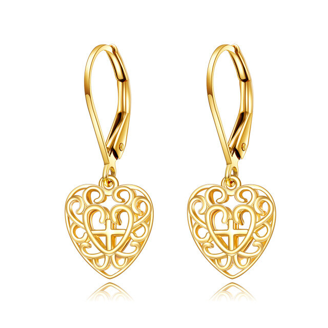 14K Gold Cross & Heart Drop Earrings-0