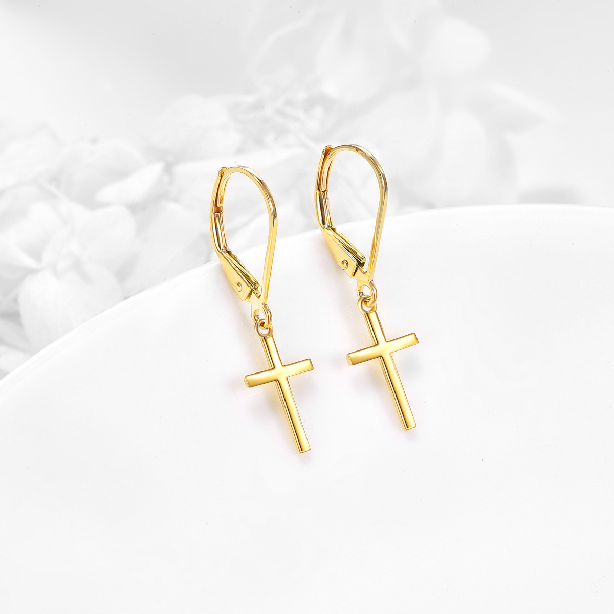 14K Gold Cross Lever-back Earrings-3