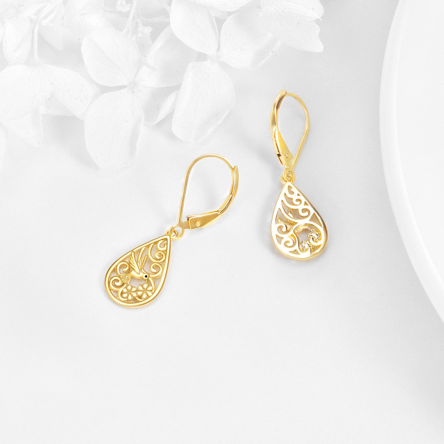 14K Gold Hummingbird & Drop Shape Drop Earrings-3