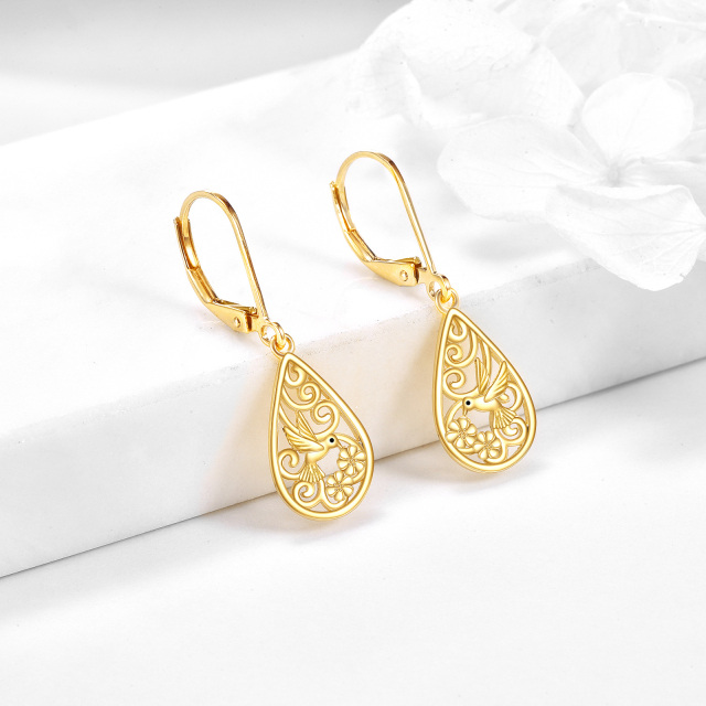 14K Gold Hummingbird & Drop Shape Drop Earrings-2