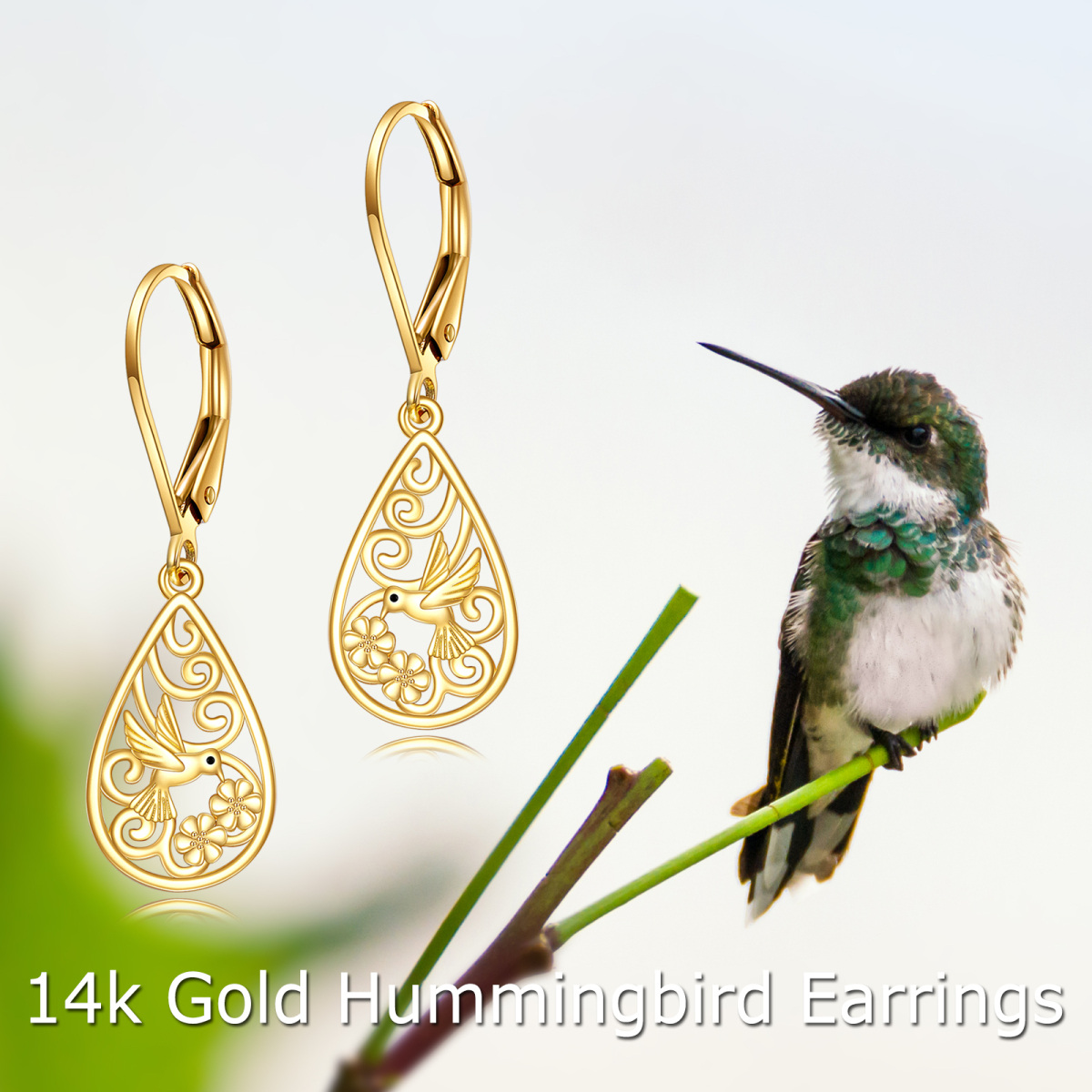 Pendientes de oro de 14 quilates en forma de colibrí y gota-6